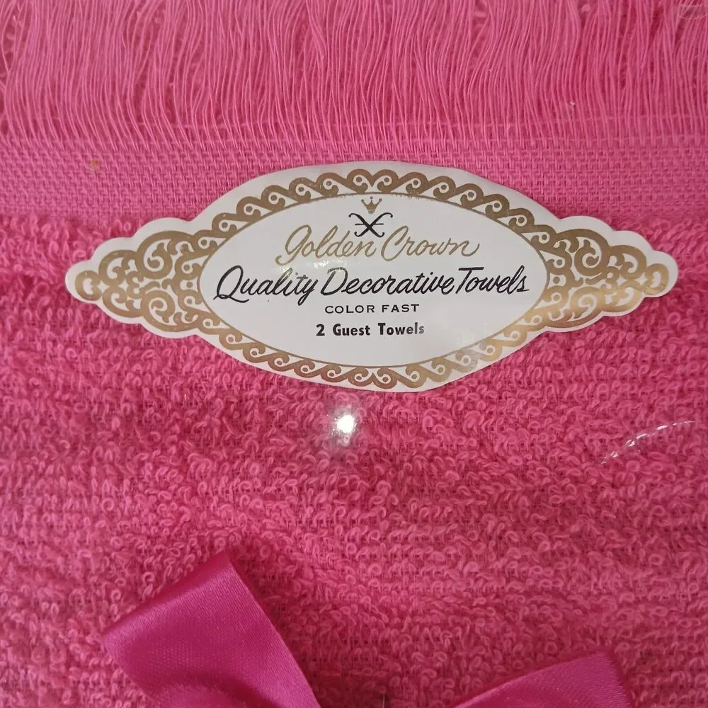 Vintage Box of Two Golden Crown Decorative Guest Towels Pinks White Green NIB